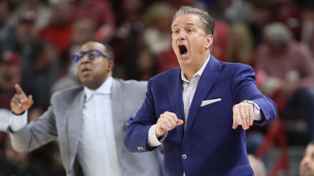 Jan 27, 2024; Fayetteville, Arkansas, USA; Kentucky Wildcats head coach John Calipari during the first half against the Arkansas Razorbacks at Bud Walton Arena. Mandatory Credit: Nelson Chenault-USA TODAY Sports